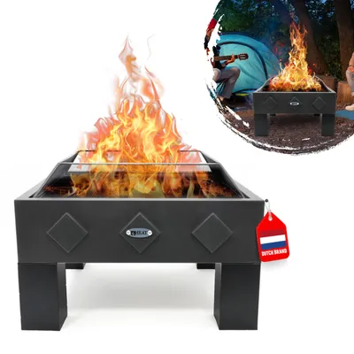 A fire pit with flames and a smaller inset image of a campsite scene.