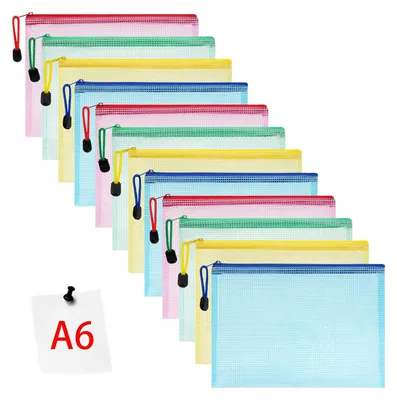 Produktbild von Dokumententasche A6, 12 Stücke Zip Tasche, bunte wasserdichte Dokumententasche mit Reißverschluss, Mesh Beutel mit Reißverschluss Datei Zipper Tasche Reißverschlusstaschen  A6-12 Stück