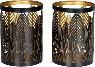 Produktbild von 2er Set Windlicht 13x18cm Schwarz Gold Metall Teelichthalter Blattdekor Tischdeko