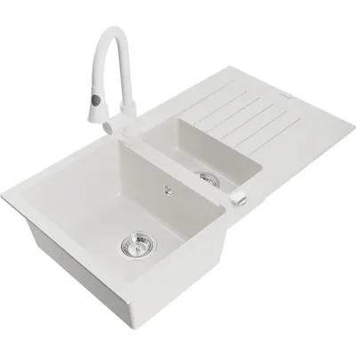 Obrázek produktu pro Mexen Matias 1,5-miskový granitový dřez s odkapávačem a kuchyňskou baterií Elia, Bílá - 6502-20-670101-20