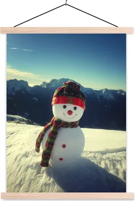Produktbild von MuchoWow® Textilposter Schneemann mit Blick auf die Landschaft während der Weihnachtszeit 120x160 cm mit holzfarbenen Rahmen - Plakatkarton