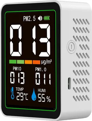 Zdjęcie produktu dla Monitor jakości powietrza 5 w 1, detektor PM2,5, PM10, PM1,0 z kolorowym ekranem LCD, przenośny miernik temperatury i wilgotności do domu i biura MT04, kolor biały