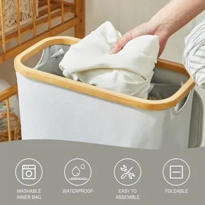 Image de Panier à linge avec couvercle – 48 litres – Panier à linge – étroit – Sac à linge – Panier à linge pliable – Bois – Bambou – Panier à linge haut – Panier à linge gris 2.0