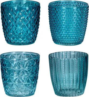 Produktbild von 4er Set Windlicht H7,5cm Glas Türkis Teelichthalter Tischdeko Kerzen Retro Deko