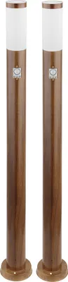 Two tall, cylindrical outdoor lights with a wood-grain finish and white tops.