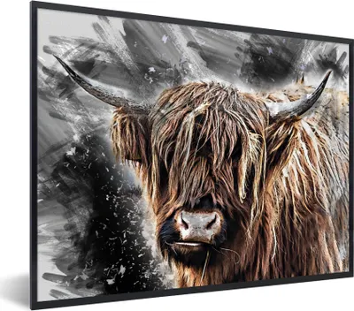 Produktbild von MuchoWow® Gerahmtes Poster Schottischer Highlander - Tiere - Farbe 80x60 cm - Poster mit Schwarzem Bilderrahmen Wandposter Rahmen Foto Bilder - Schwarzem - Mit Gestell