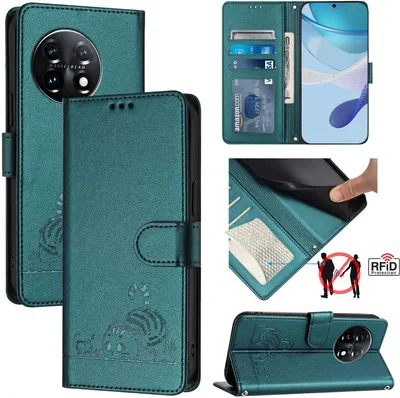 Produktbild von Leder Hülle für OnePlus 11 Süße Katze Flip Case Brieftasche Schutzhülle mit Standfunktion Grün