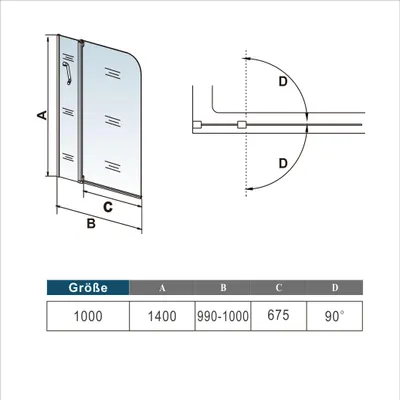 Produktbild von 100x140cm Badewannenaufsatz 2-teilig Duschabtrennung Trennwand ESG GLAS Dusche