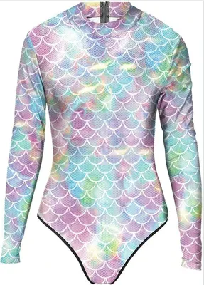 Produktbild von Damen Meerjungfrau Body Badeanzug S/M Fischschuppen Bademode Langarmige Einteiler Bunt Bodysuit UV Schutz Party Karneval Fasching