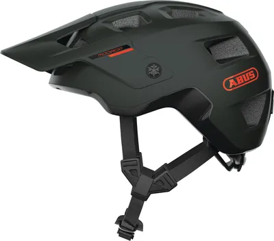 A studio shot of a green mountain bike helmet against a white background.