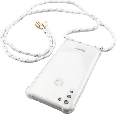 A clear, studio shot of a phone case with a lanyard attached.
