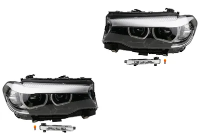 Productafbeelding van LED-koplampset, geschikt voor BMW 5 G30 G31, modeljaren 2016 en later. Inclusief linker koplamp, mistlamp en lampen. Artikelnummers: 63117214951, 7214951, 63117214952, 7214952, 63177349131, 6317734913. Johns