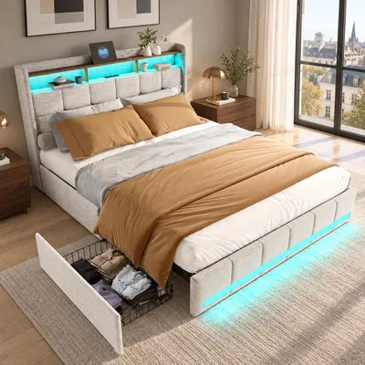 Zdjęcie produktu dla Łóżko tapicerowane BPKADHY, 140x200 cm, kolor beżowy, łóżko dwuosobowe z 4 szufladami, zagłówek z miejscem do przechowywania, oświetlenie RGB LED, 2 porty USB i 1 port USB-C, obicie z lnu, stelaż łóżka, bez materaca
