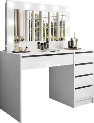 Produktbild von Glamour Schminktisch MADA, 120x75x55 cm, Schneeweiß, mit Spiegel und 9 Glühbirnen