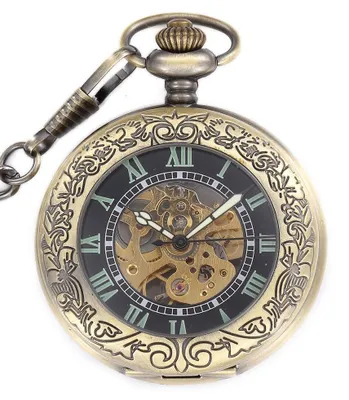 Obrázek produktu pro Retro automatická kapesní hodinky - Svítící ciferník - Zlaté skeleton - Řetízková hodinka - Perfektní pro muže - Unikátní design