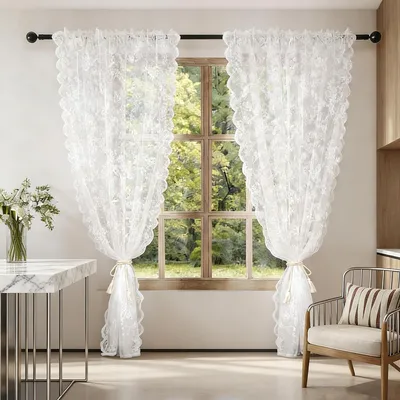 Zdjęcie produktu dla Zasłony z koronki, biały wzór kwiatowy, 2 sztuki, wymiary 75 x 150 cm, idealne do salonu i sypialni