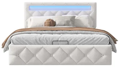 Image de Lit avec tête de lit rembourrée - Lit double 160x200 cm - Rangement avec système hydraulique - Éclairage LED - Tête de lit rembourrée - Velours - Capacité de charge : 250 kg - Blanc