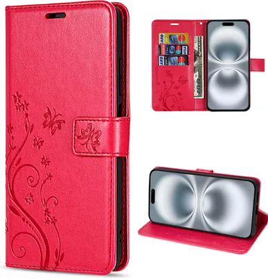 Produktbild von iPhone 16 Handyhülle – Klapphülle Schutzhülle Tasche mit Magnetverschluss & Kartenfächern - Rot