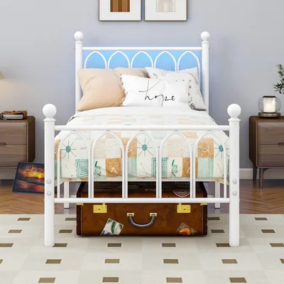 Produktbild von MODFU Metallbett 90x200 LED-Bettrahmen mit USB-Anschlüsse,Einzelbett ohne Matratze,Metallplattformbettrahmen mit Stützbeinen und 13 Metalllamellen,Weiß