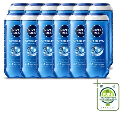 Imagen del producto de 12 unidades de gel de ducha Nivea Men Vitality 3 en 1 - 250 ml - Paquete grande - 12 piezas