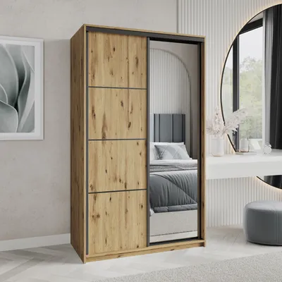 Produktbild von Masseno Schiebetürenschrank VARO 120/205/60 cm Kleiderschrank mit Schubladen Schlafzimmer Schrank 2-türig mit Spiegel Eiche Artisan + Schwarz