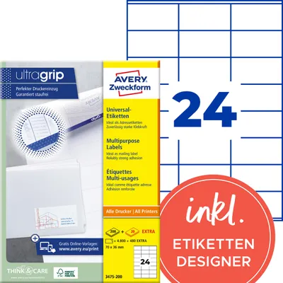 Produktbild von Avery Zweckform 3475-200, Universal-Etiketten, A4, Qualitätsdruck mit: ultragrip, 70 x 36 mm, 5.280 Etiketten / 220 Bögen, weiß