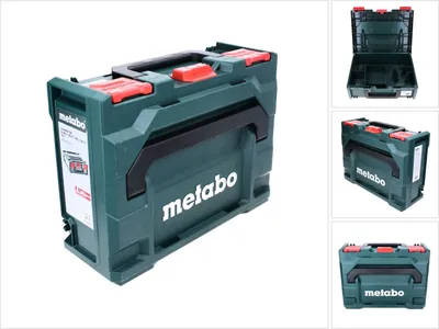 A dark green Metabo tool case with red latches and a black handle, shown from a three-quarter angle.