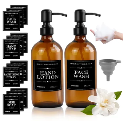 Image de Lot de 2 distributeurs de savon en verre : un distributeur de shampoing de 500 ml avec pompe en acier inoxydable 304 et un distributeur de liquide vaisselle rechargeable pour la cuisine, livré avec 12 étiquettes imperméables et 1 entonnoir, pour la salle de bain et la cuisine (marron)