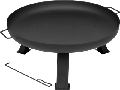 A black metal fire pit with a wide, shallow bowl and three sturdy legs, shown on a white background. A metal poker tool rests on the ground in front of the fire pit.
