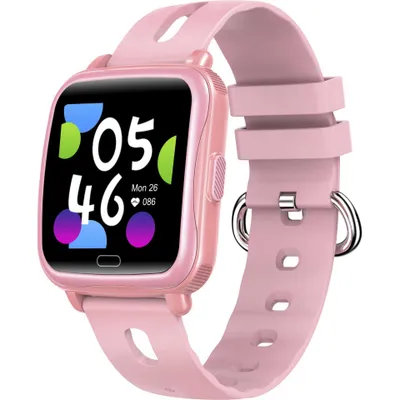 A pink smartwatch with a colorful digital display.