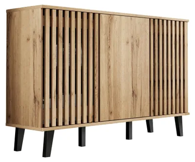 Zdjęcie produktu dla Komoda RTV imitująca naturalne drewno, kolor beżowy, 4 drzwi, 8 przegródek, wymiary: 180x40x55 cm