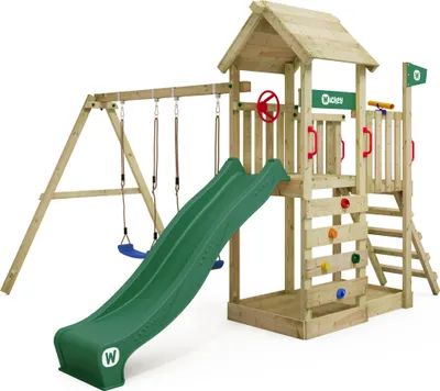 Image de Tour de jeux WICKEY MultiFlyer avec toit en bois, balançoire et toboggan, tour d'escalade avec toit naturel, bac à sable, échelle et accessoires de jeu – vert