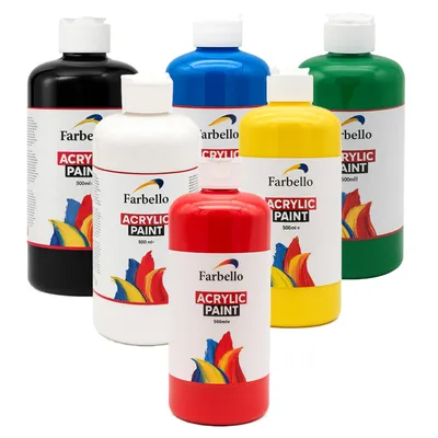 Produktbild von Farbello Acrylfarben Set 6x500 ml – hochpigmentierte wasserfeste Künstlerfarben für Leinwand, Holz, Stoff & Stein (6 Farben)