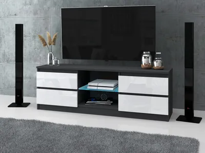 Zdjęcie produktu dla AZ team ® Szafka RTV 138 cm Stolik pod TV Komoda stojąca ANTRACYT BIAŁY POŁYSK 4 szuflady