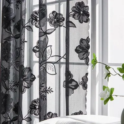 Produktbild von Ibenzoa® Schwarze Jacquard-Spitzengardinen mit 3D-Blumenmuster, halbtransparent, Ösen, 2er-Set 140 x 145 cm, gestricktes Material, für Wohn-/Schlafzimmer