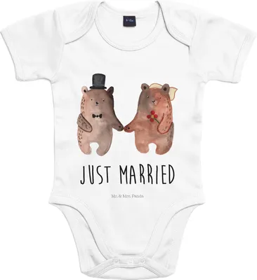 Produktbild von Mr. & Mrs. Panda overall baby Bär Heirat 12. - 18. Monat - Heather Grey - Geschenk, Kurzarmbody, Strampler, Babybody, babykleidung body, Teddy, kurzarm