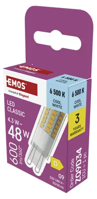 Zdjęcie produktu dla Żarówka LED EMOS G9 CLASSIC 4,3 W, zastępuje żarówkę halogenową o mocy 48 W, trzonek G9 JC, jasność 600 lm, ciepła biel 3000 K, długa żywotność, ZQ9D32