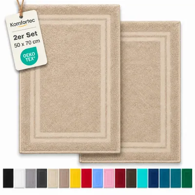 Produktbild von Komfortec Badematte 2er Set 50x70 cm, 100% Baumwolle, 600 g/m², Extra Weich & Saugstark, Frottee Duschvorleger, Waschbar Duschmatte, Beige