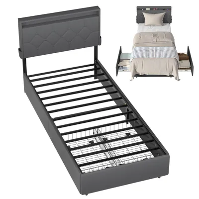Produktbild von XINZI Polsterbett Einzelbett mit Gepolstertem Kopfteil & 2 Schubladen, Bettgestell aus Leinen, ohne Matratze (90 x 200 cm, Dunkelgrau)