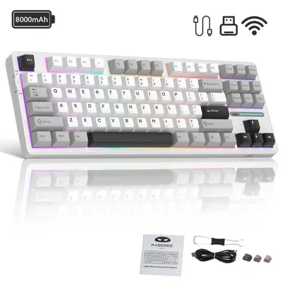 Produktbild von Tri-Mode Mechanische Tastatur 87 Tasten, Hot Swap, Gasket Mount, 8000mAh Akku, RGB, PBT Keycaps, Star White