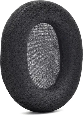 A close-up, studio shot of a black ear pad for headphones.