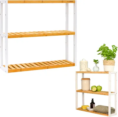 Produktbild von Bambus Wandregal - 60x54x15cm - Bad Küche Hängeregal Holz - Badregal Küchenregal