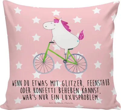 Produktbild von Mr. & Mrs. Panda couch kissen Einhorn Radfahrer - Rot Pastell - Geschenk, kuschelkissen 40x40, zier, Unicorn, Einhörner, für sofa, Dekokissen, Bike, Kuschel, Radfahren