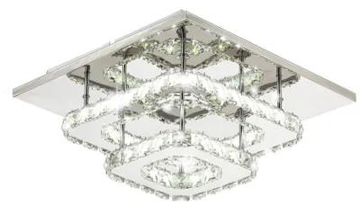 A square, multi-tiered crystal ceiling light fixture.