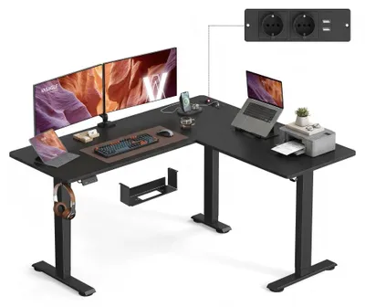 Image de Bureau réglable en hauteur en forme de L, avec prises électriques | Shadesblack | 160x140x72-120 cm