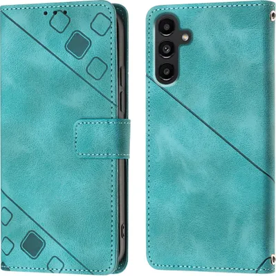 A teal flip leather wallet case for a Samsung Galaxy A14 5G is shown from the front and back.