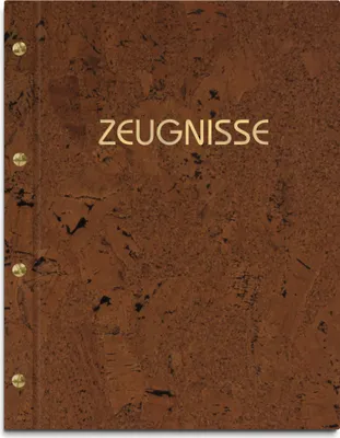 Produktbild von Zeugnismappe im dunklen Korkeinband mit Prägung in gold – handgefertigte Mappe für Zeugnisse inkl. 12 Sichthüllen