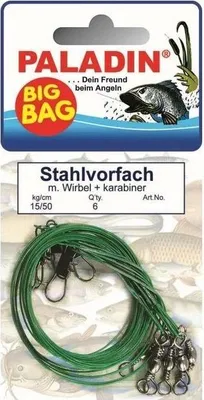 Produktbild von Paladin Stahlvorfach Wirbel Gr. 8 + Karabiner 9 kg / 50cm 6 Stück