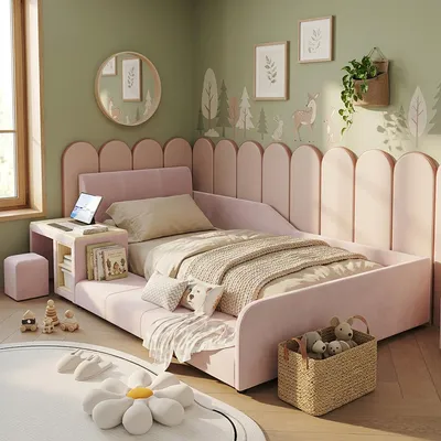 Immagine prodotto di Letto imbottito MODFU, modello per ragazzi, dimensioni 90x200 cm, con scrivania e poggiapiedi. Letto per bambini con testiera imbottita, struttura in velluto, senza materasso, colore rosa