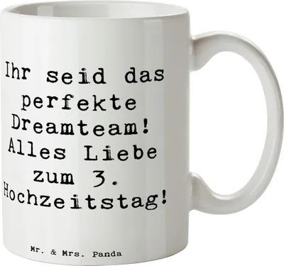 Produktbild von Mr. & Mrs. Panda Kaffeetasse Spruch 3. Hochzeitstag Lederhochzeit Dreamteam - Weiß - Geschenk, schöne tasse, alles Liebe zum, Keramiktasse, Heirat, gemeinsames Abenteuer